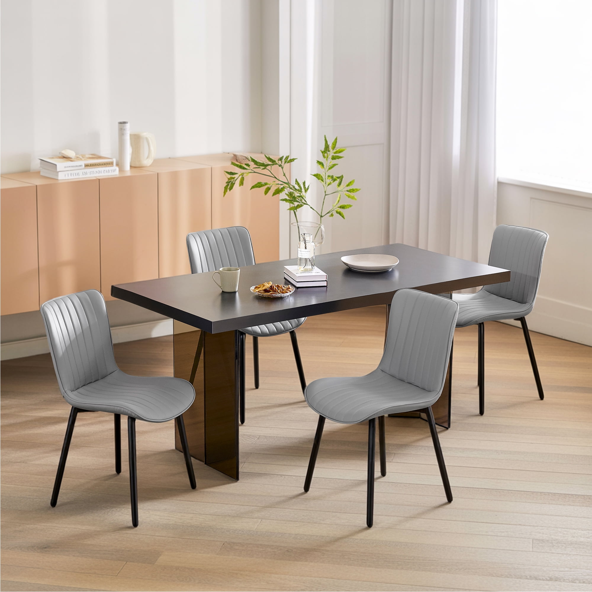 L'AGRATY Modern Dining Chairs Set of 4, High Back PU Leather Upholstered Kitchen Chairs with Cushion - Heavy Duty Metal Legs for Dining Room, Restaurant, Cafe (Grey)