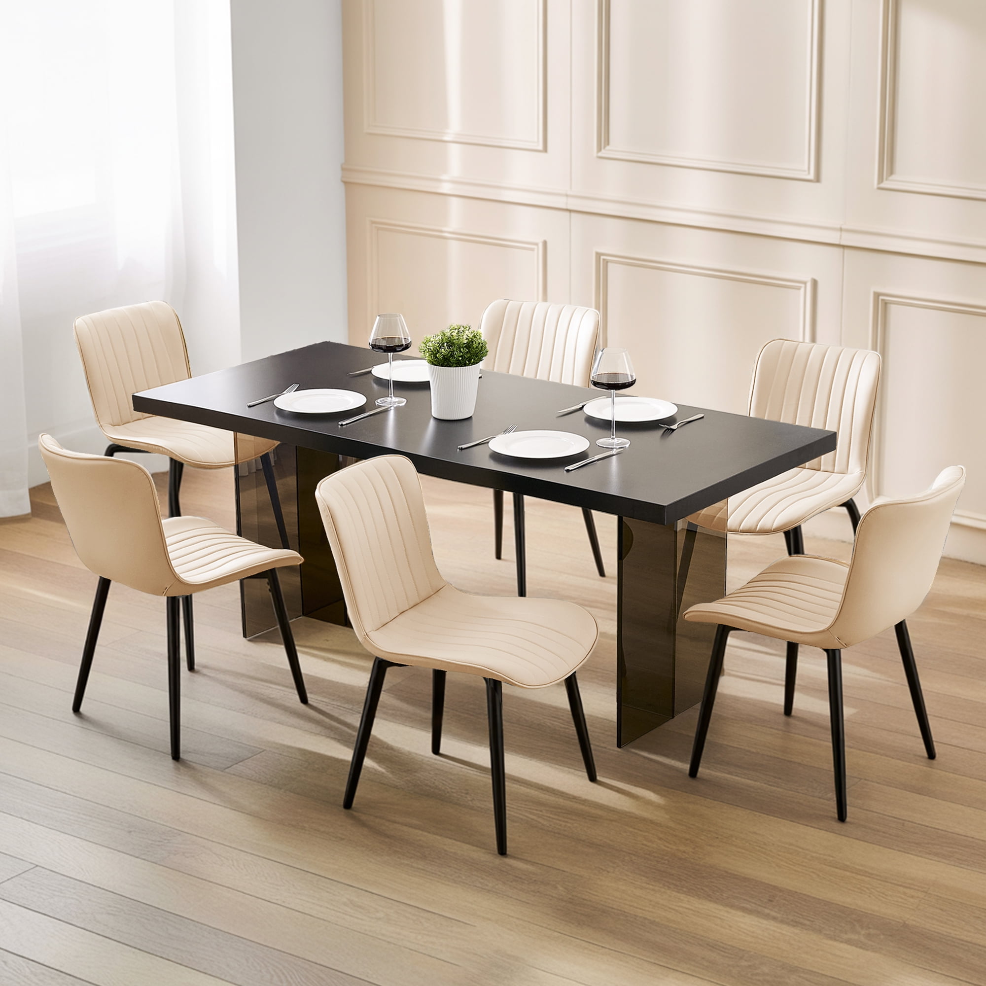 L'AGRATY Modern Dining Chairs Set of 6, High Back PU Leather Upholstered Kitchen Chairs with Cushion - Heavy Duty Metal Legs for Dining Room, Restaurant, Cafe (Beige)