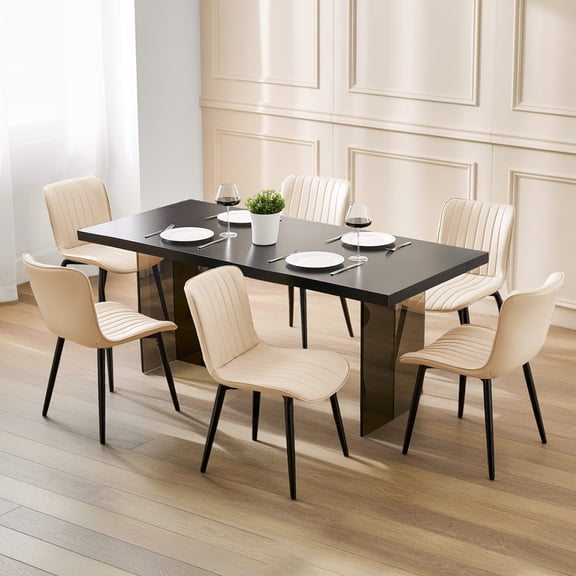 L'AGRATY Modern Dining Chairs Set of 6, High Back PU Leather Upholstered Kitchen Chairs with Cushion - Heavy Duty Metal Legs for Dining Room, Restaurant, Cafe (Beige)