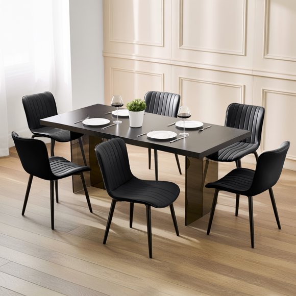 L'AGRATY Modern Dining Chairs Set of 6, High Back PU Leather Upholstered Kitchen Chairs with Cushion - Heavy Duty Metal Legs for Dining Room, Restaurant, Cafe (Black)