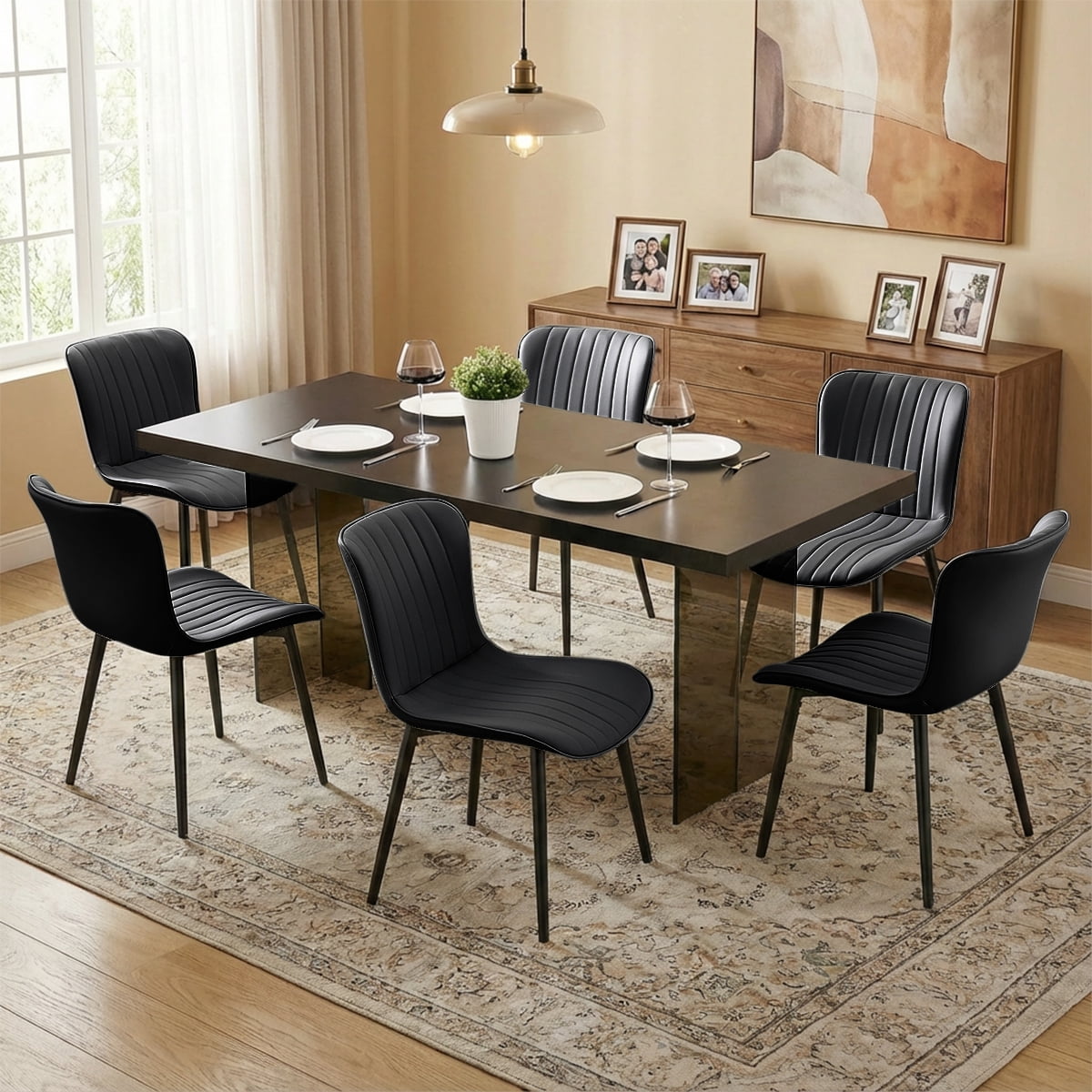 L'AGRATY Modern Dining Chairs Set of 6, PU Leather Upholstered Side Chairs with High Backrest, Kitchen Chair,Heavy Duty, Cushions & Durable Metal Legs for Kitchen, Dining Room,Restaurant,Black
