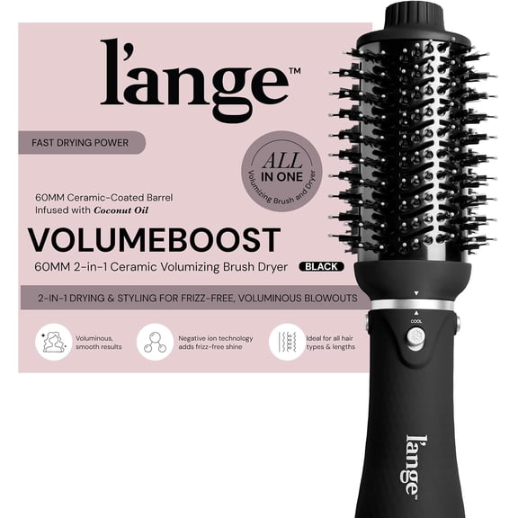 L'ANGE HAIR VolumeBoost 60mm 2-in-1 Ceramic Volumizing Brush Dryer | Fast Drying & Styling for Frizz-Free, Voluminous Blowouts | Ceramic-Coated Barrel (Black)