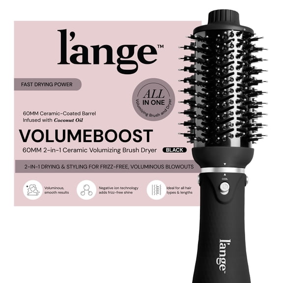 L'ANGE HAIR VolumeBoost 60mm 2-in-1 Ceramic Volumizing Brush Dryer | Fast Drying & Styling for Frizz-Free, Voluminous Blowouts | Ceramic-Coated Barrel (Black)