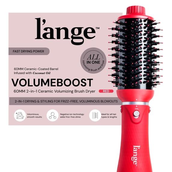L'ANGE HAIR VolumeBoost 60mm 2-in-1 Ceramic Volumizing Brush Dryer | Fast Drying & Styling for Frizz-Free, Voluminous Blowouts | Ceramic-Coated Barrel (Red)