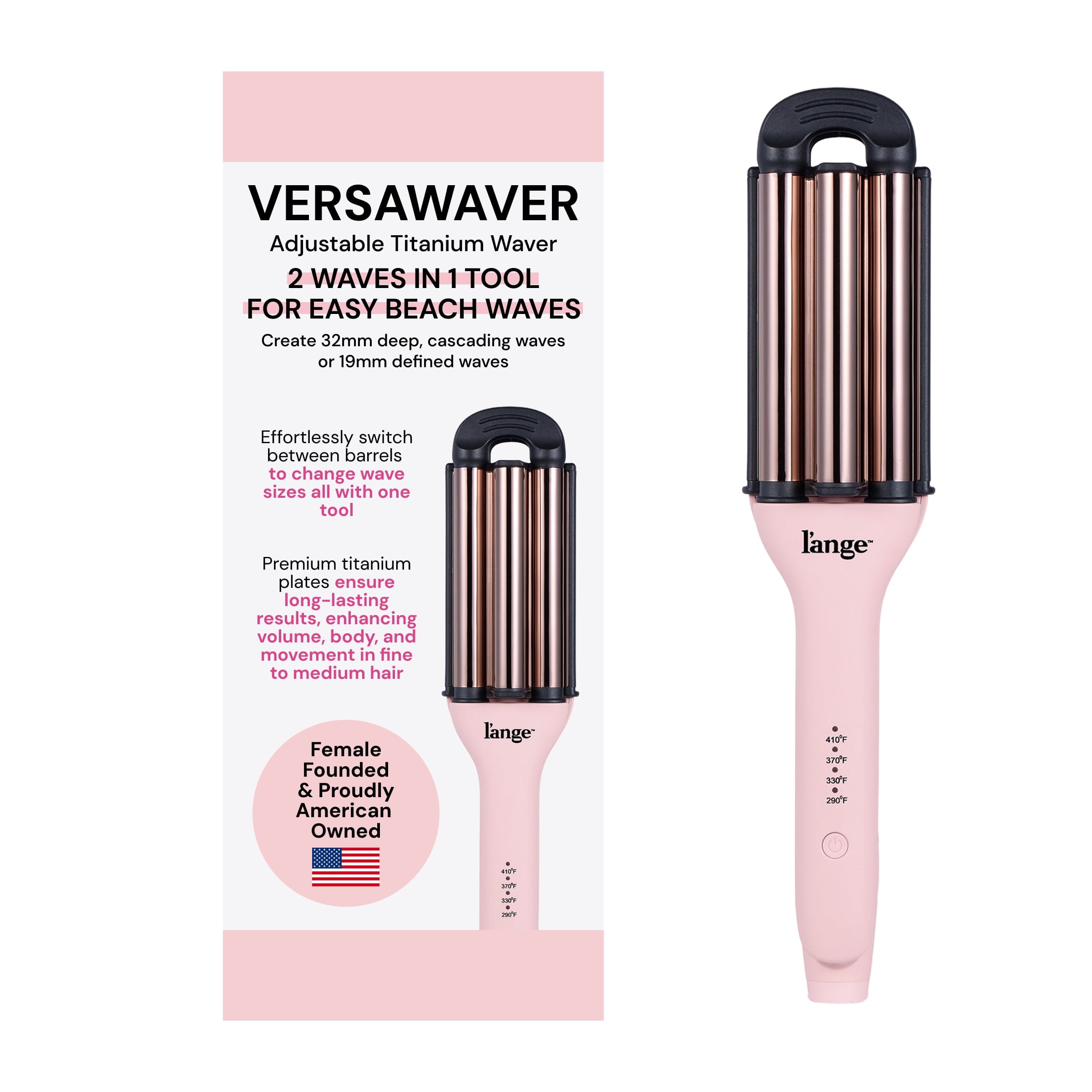 L'ANGE Hair VersaWaver Adjustable Titanium Waver | Pick 19mm or 32mm Waves with 1 Tool | Titanium 3-Barrel Waving Tool (Blush)