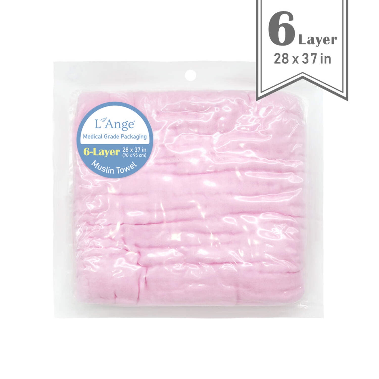 L’Ange Baby-Bath Towel-6 Layer, Muslin Receiving Blanket for Newborn, Baby, Kids & Home, Pink, 28 x 37 inches, Lightweight, Absorbent Towel, for Infant Delicate Skin, Medical Grade Packaging