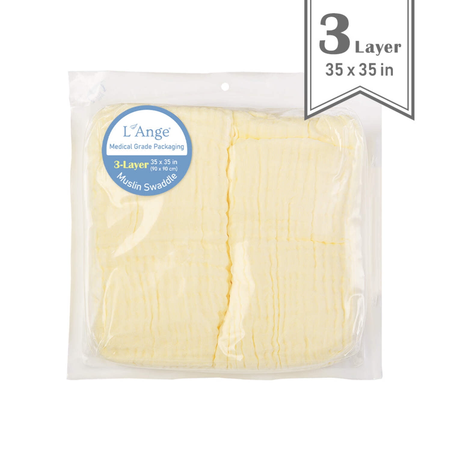 L’Ange Baby-Swaddles Pack of 2-35 x 35 Inches, 3 Layer, Yellow, Cotton Muslin Newborn Receiving Blanket, Nursing and Stroller Cover, for Infant Delicate Skin, Medical Grade Packaging