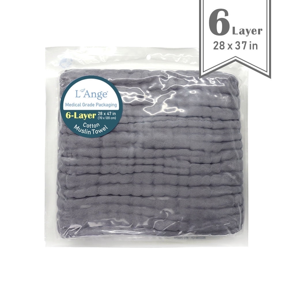 L'Ange Baby Towel - 100% Cotton Muslin, 6 Layers, Quick Dry, Medical Grade Packaging for Infants and Newborns - 28 x 37in - Dove Gray