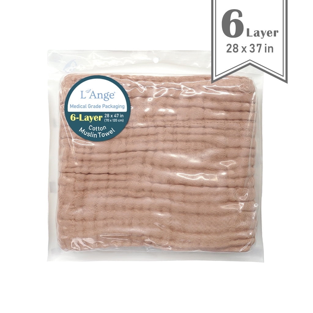 L'Ange Baby Towel - 100% Cotton Muslin, 6 Layers, Quick Dry, Medical Grade Packaging for Infants and Newborns - 28 x 37in - Milk Tea