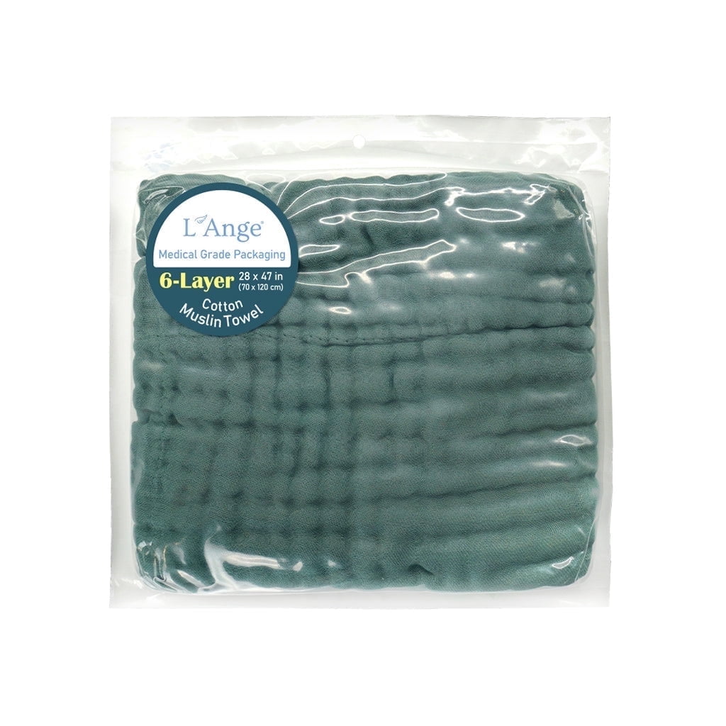 L'Ange Baby Towel - 100% Cotton Muslin, 6 Layers, Quick Dry, Medical Grade Packaging for Infants and Newborns - 28 x 37in - Pine Green