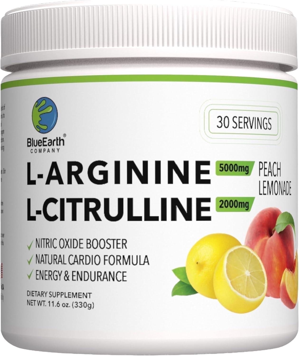 BlueEarth Company L-Arginine 5000mg, L-Citrulline 2000mg Supplement Powder, Nitric Oxide, Blood Pressure Support, Heart Health, Cardiovascular, Peach Lemonade 30 Servings