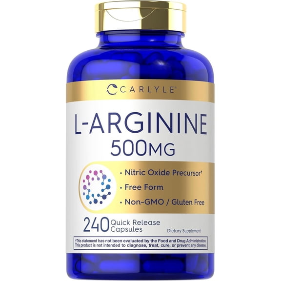 L-Arginine 500mg Capsules | 240 Count | Free Form | Non-GMO & Gluten Free Supplement | By Carlyle