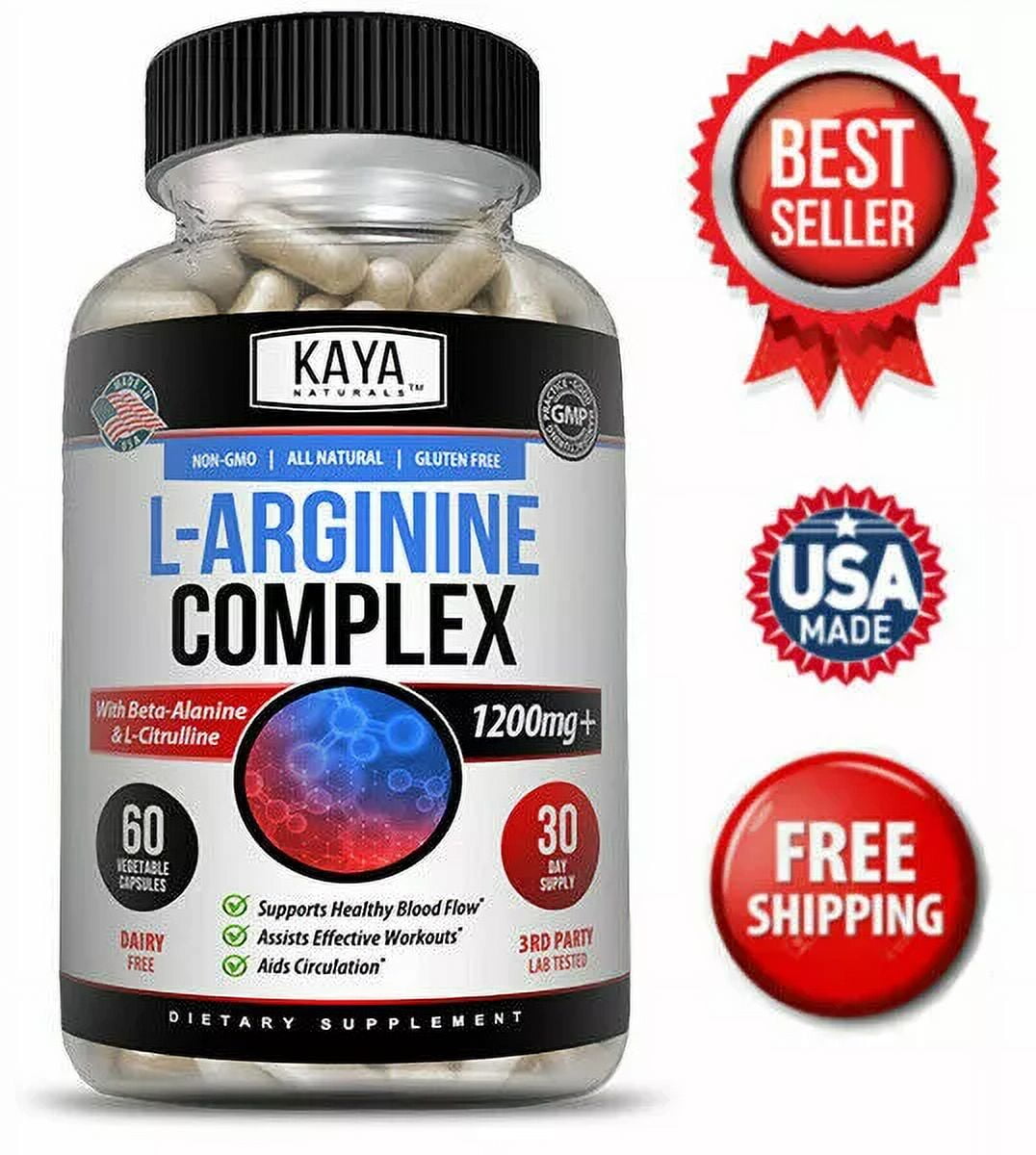 L-Arginine 60ct, NO3, Nitric Oxide, Testosterone Booster, Libido, ED Support