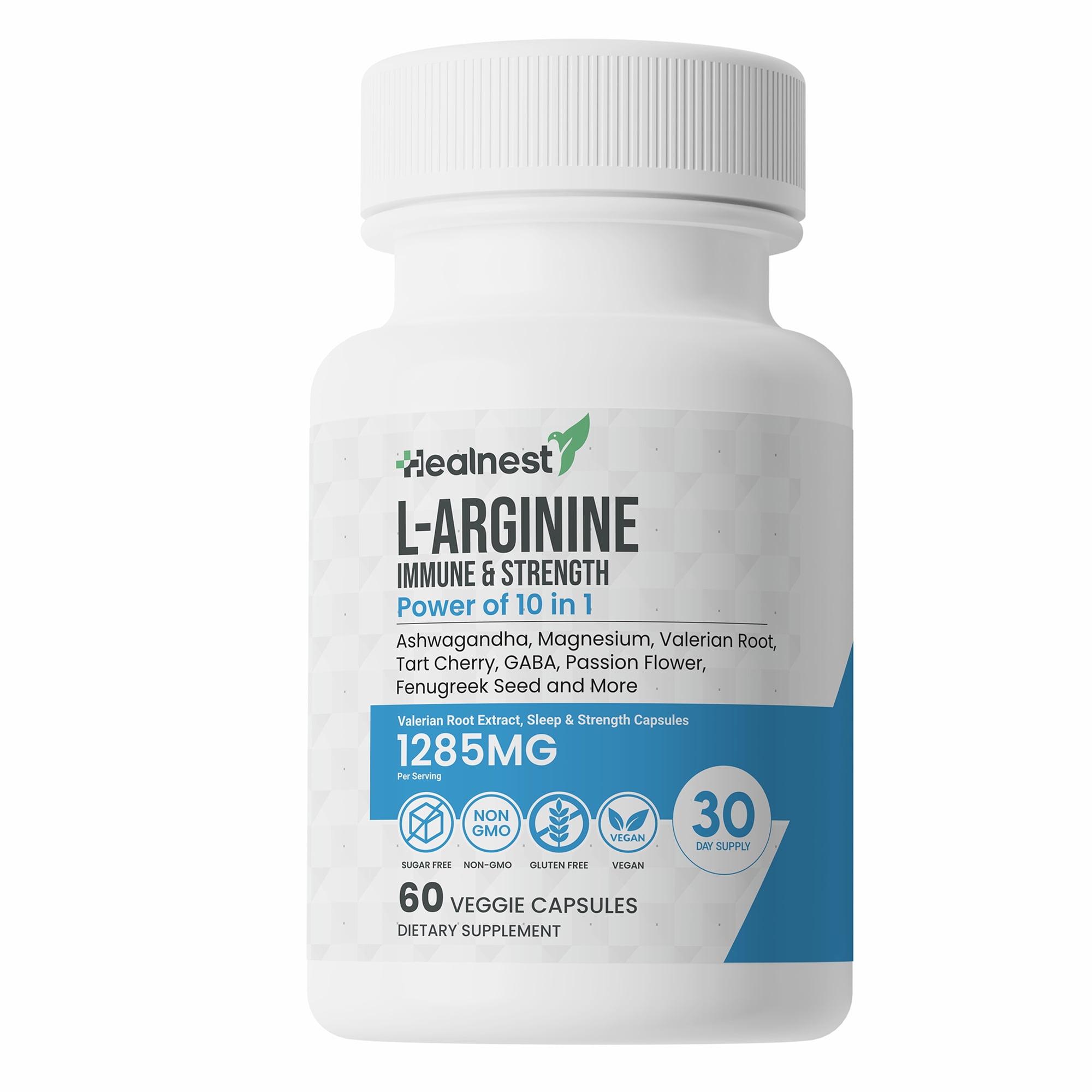 L-Arginine Capsules - 1285MG Blend of Ashwagandha, L-Theanine, Magnesium, GABA, Zinc & Tart Cherry - Non-GMO, 60 Veggie Capsules for Men and Women