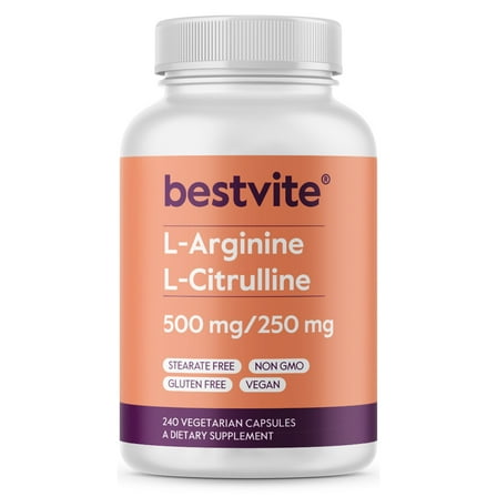 L-Arginine L-Citrulline 500mg / 250mg (240 Vegetarian Capsules) - No Stearates - No Dicalcium Phosphate - Vegan - Non GMO - Gluten Free