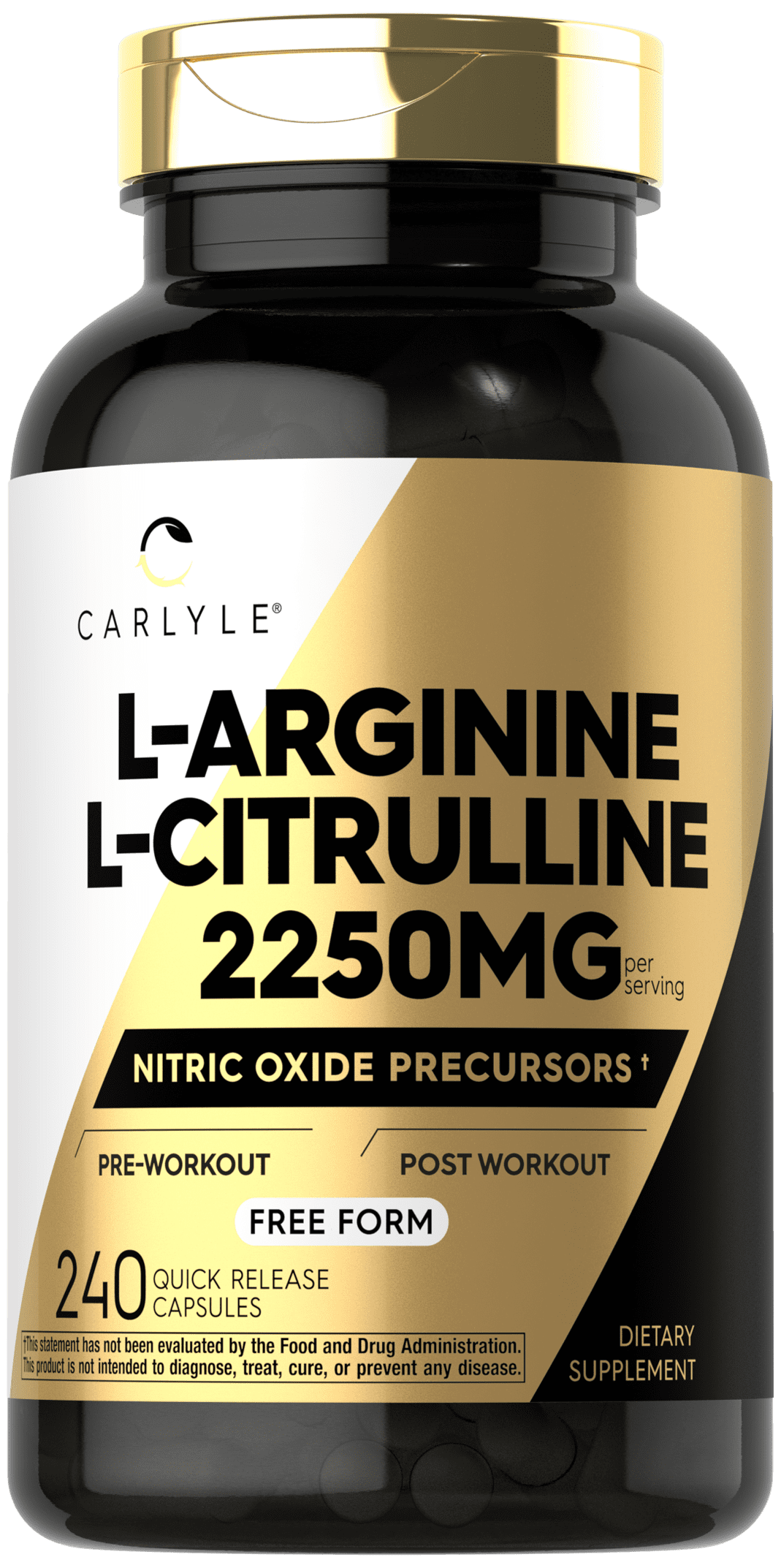 L-Arginine L-Citrulline Complex | 2250mg | 240 Capsules | Nitric Oxide Precursors | Free Form | Non-GMO & Gluten Free | by Carlyle
