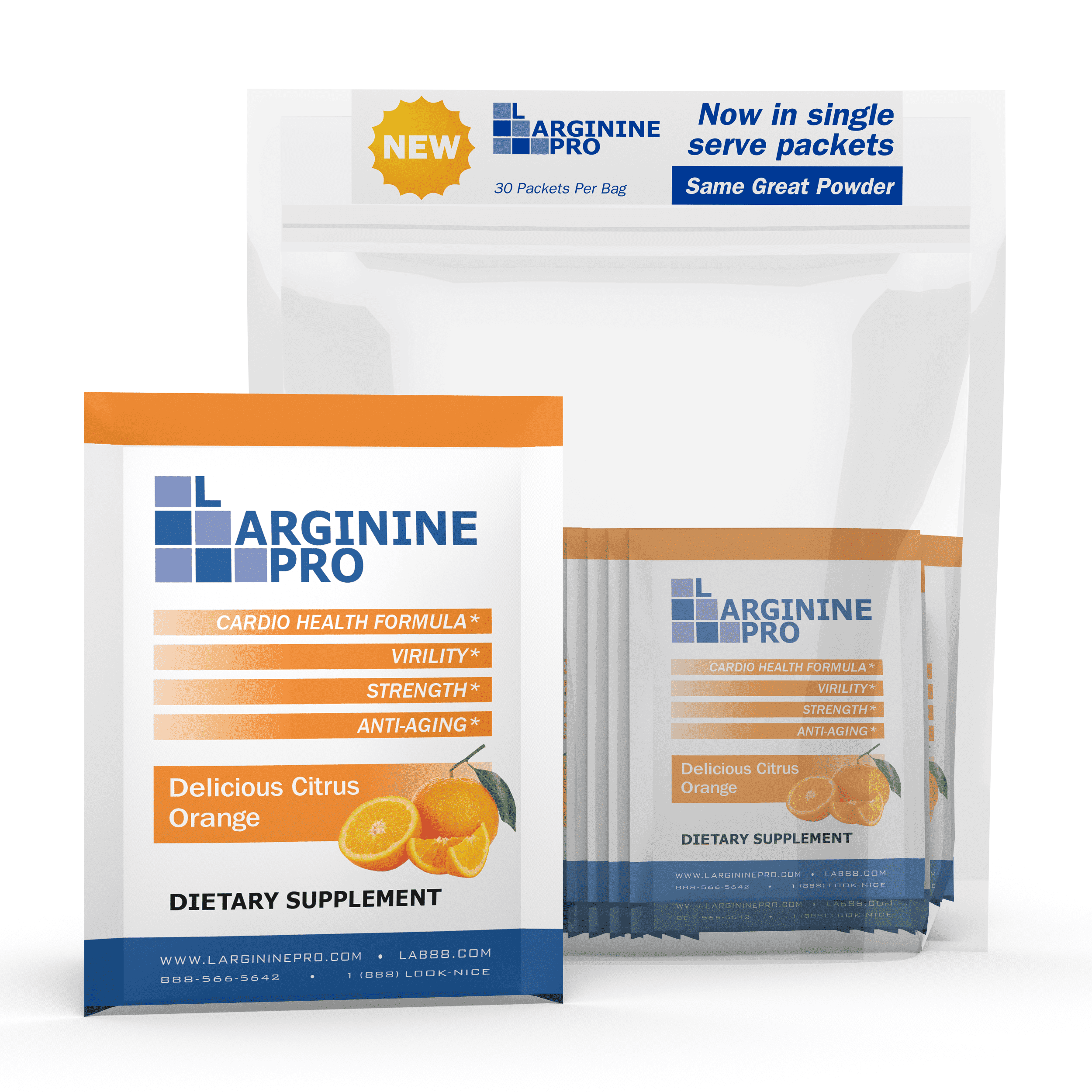 L-Arginine Pro Powder - 5500mg L-Arginine, 1100mg L-Citrulline Cardio Health - Citrus Orange, 1 Bag (30 Packets)