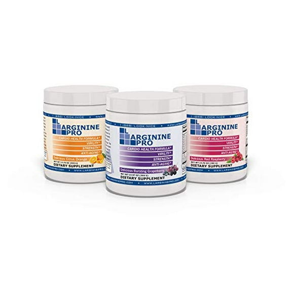 L-Arginine Pro Powder - 5500mg L-Arginine, 1100mg L-Citrulline Cardio Health GrapeBerry/ Citrus Orange/ Raspberry ( 3 Jars)
