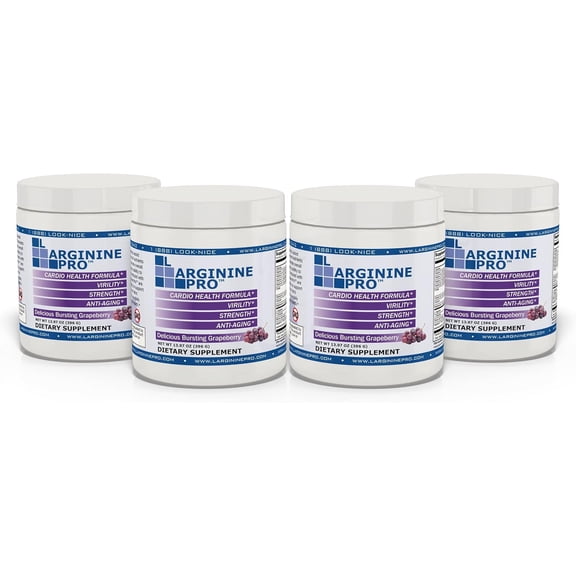 L-Arginine Pro Heart Health Powder - 5500mg L-Arginine, 1100mg L-Citrulline Cardio Health, 4 Jar Pack Grapeberry