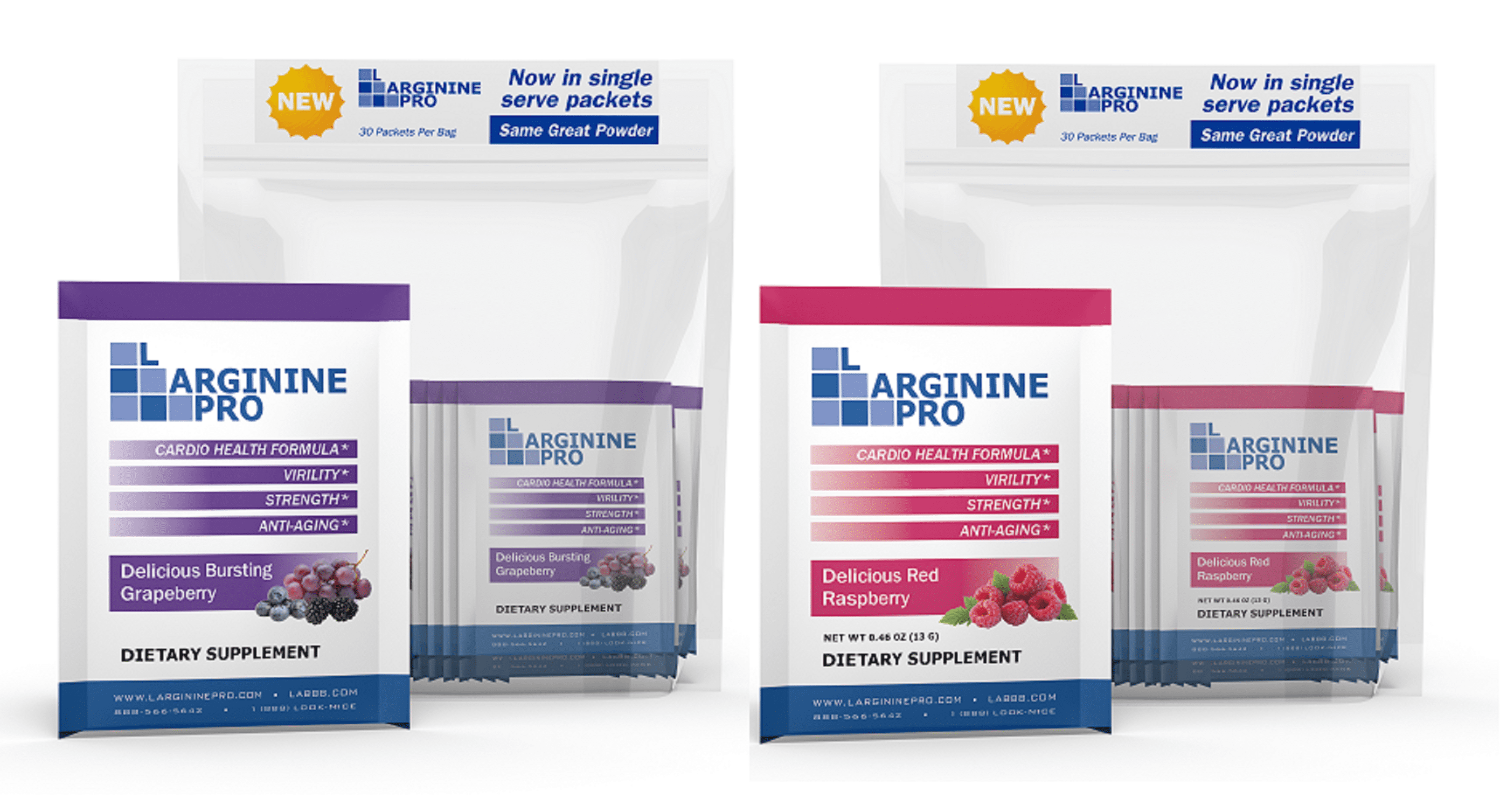 L-Arginine Pro Powder - 5500mg L-Arginine, 1100mg L-Citrulline Cardio Health (Grapeberry / Raspberry 2 Bags (60 Packets)