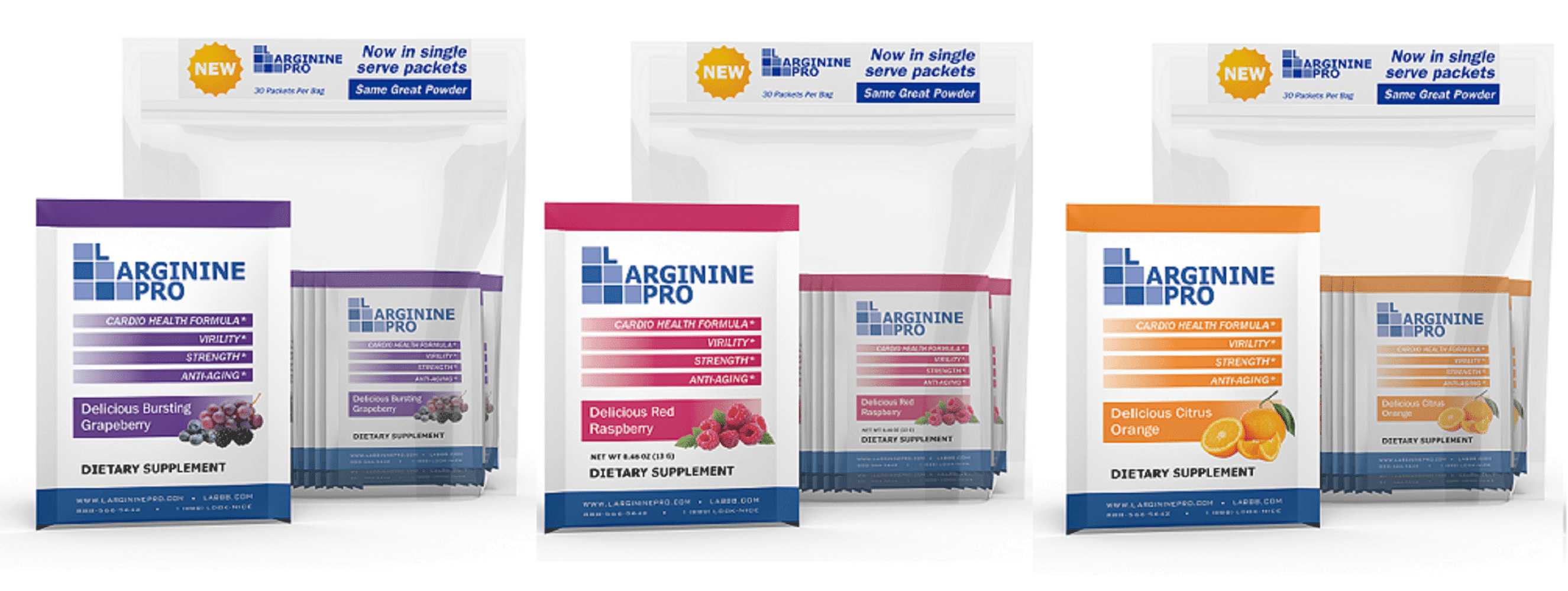 L-Arginine Pro Heart Health Powder - 5500mg L-Arginine, 1100mg L-Citrulline Cardio Health, Grape/Orange/Raspberry  3 Pack (Total 90 Packets)