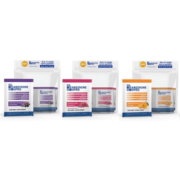 L-Arginine Pro Heart Health Powder - 5500mg L-Arginine, 1100mg L-Citrulline Cardio Health, Grape/Orange/Raspberry 3 Pack (Total 90 Packets)