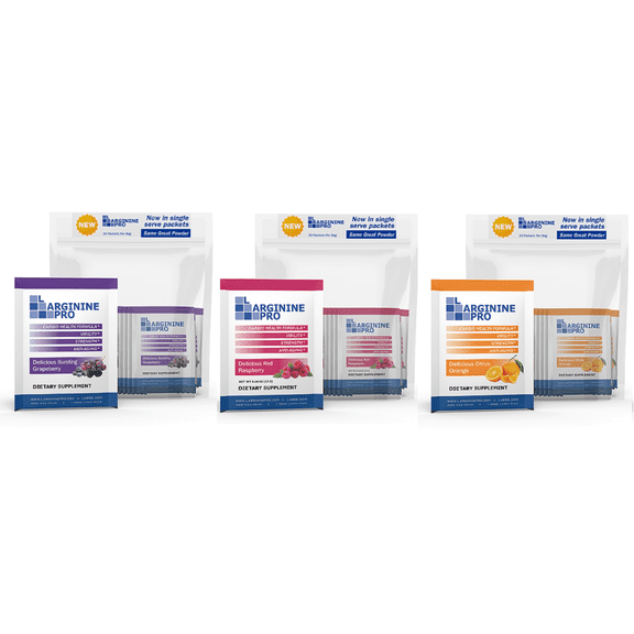 L-Arginine Pro Heart Health Powder - 5500mg L-Arginine, 1100mg L-Citrulline Cardio Health, Grape/Orange/Raspberry  3 Pack (Total 90 Packets)