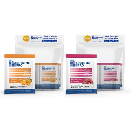 L-Arginine Pro Powder - 5500mg L-Arginine, 1100mg L-Citrulline Cardio Health - Raspberry / Orange, 2 Bags (60 Packets)