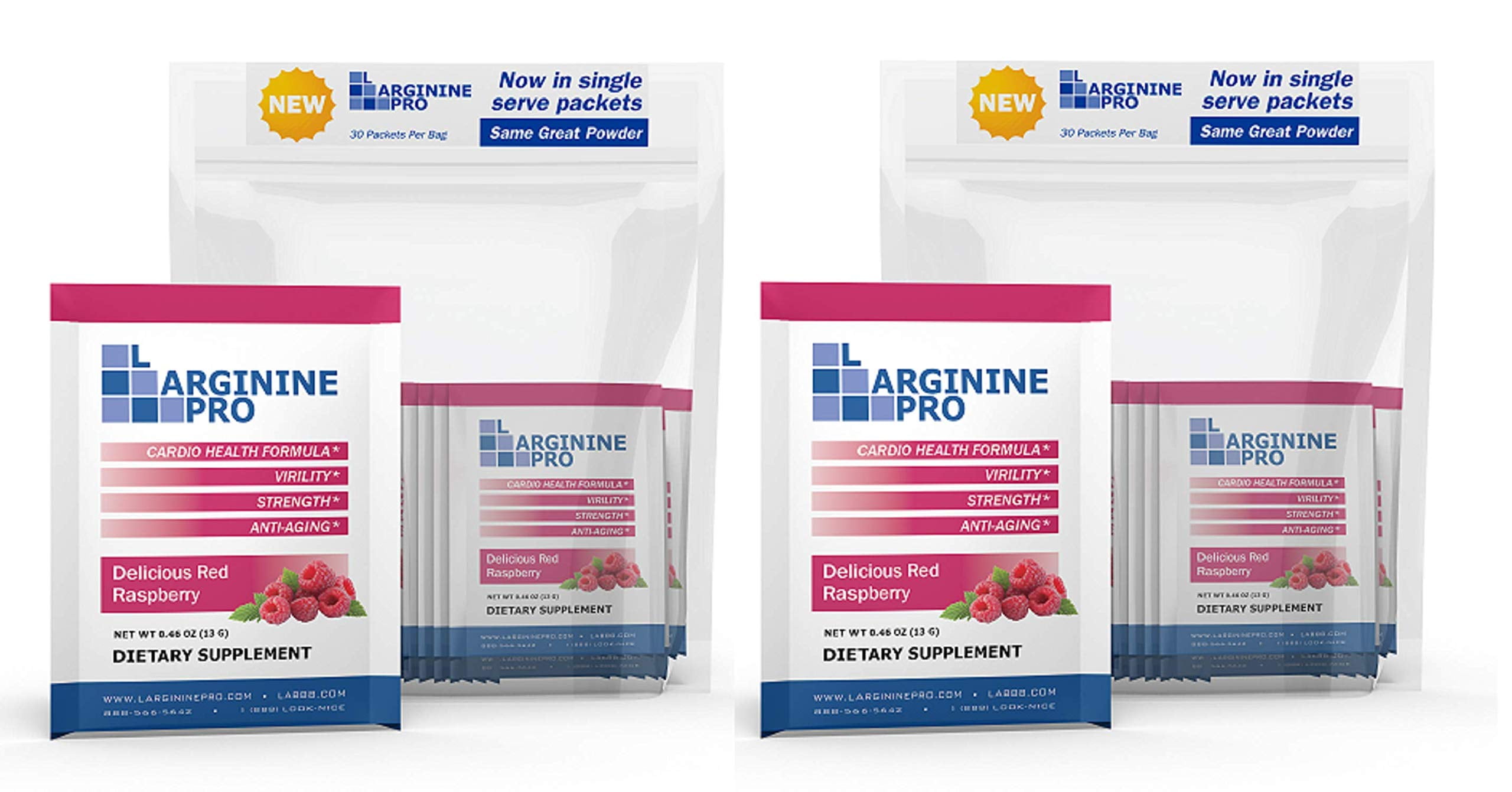 L-Arginine Pro Powder - 5500mg L-Arginine, 1100mg L-Citrulline Cardio Health - Raspeberry, 2 Bags (60 Packets)