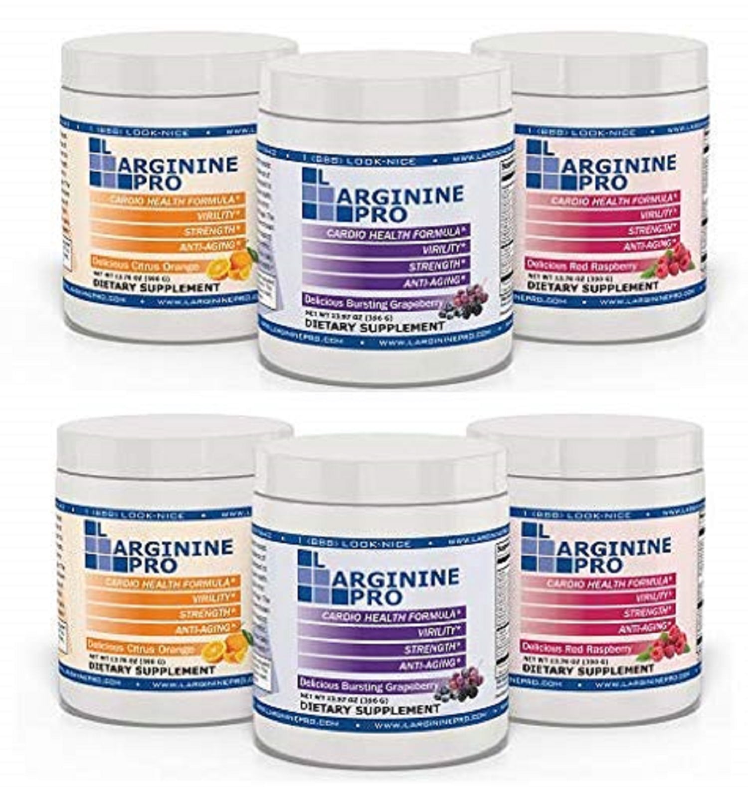 L-Arginine Pro Powder - 5500mg L-Arginine, 1100mg L-Citrulline Cardio Health (2) GrapeBerry / (2) Citrus Orange/ (2) Raspberry, Total (6)Jars)
