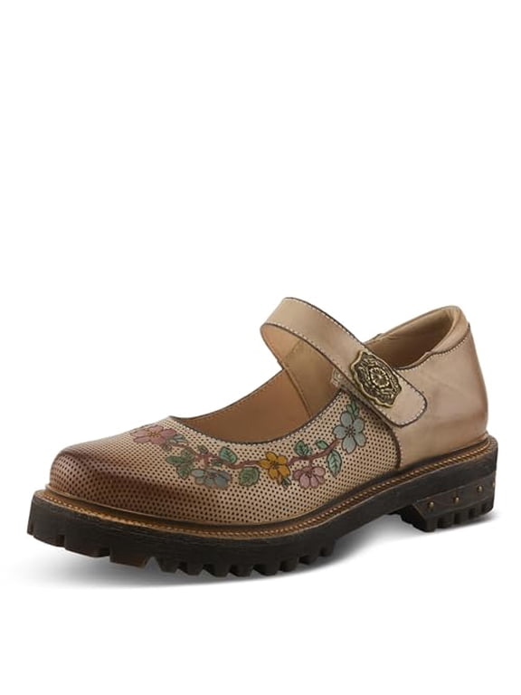 L'Artiste DANUELLA Hand-Painted Leather Mary Jane – Floral Boho Flat with Adjustable Strap & Lug Sole