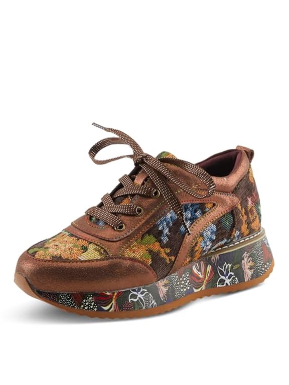L'Artiste INVIDIA Women's Platform Sneaker – Metallic Leather & Tapestry Lace-Up with Rainbow Stitching
