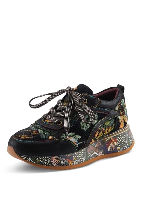 INVIDIA Women's Platform Sneaker – Metallic Leather & Tapestry Lace-Up with Rainbow Stitching