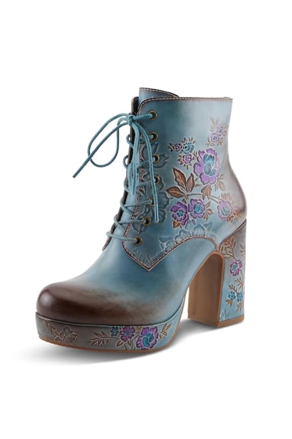 MESSAPICA Women's Hand-Painted Baroque Platform Boot – Embossed Leather Lace-Up with Sculpted Heel