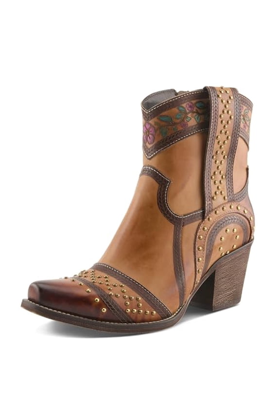 L’Artiste SADDLEUP Western Leather Boot – Floral Embossed Mid-Calf Cowgirl Boot with Stud Accents & Side Zipper