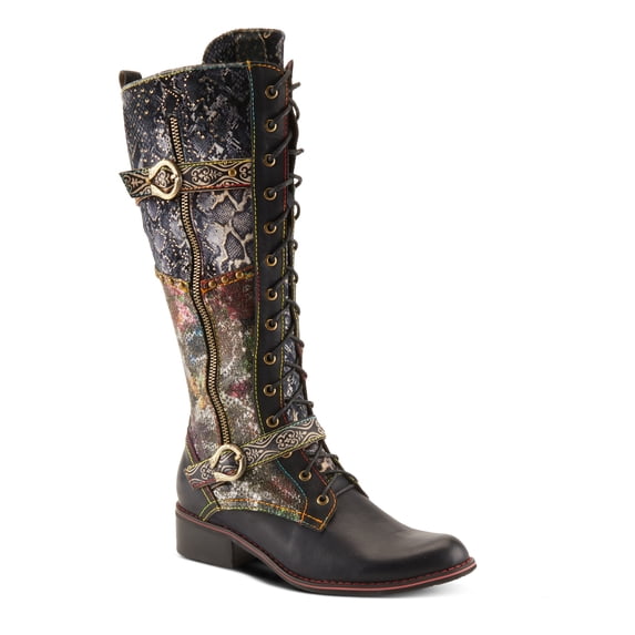 L'Artiste Vaneyck Knee High Boots for Women with Iridescent Metallic Upper | Ladies Tall Boots with Decorative Double Buckles and Lace Up Zipper Closure