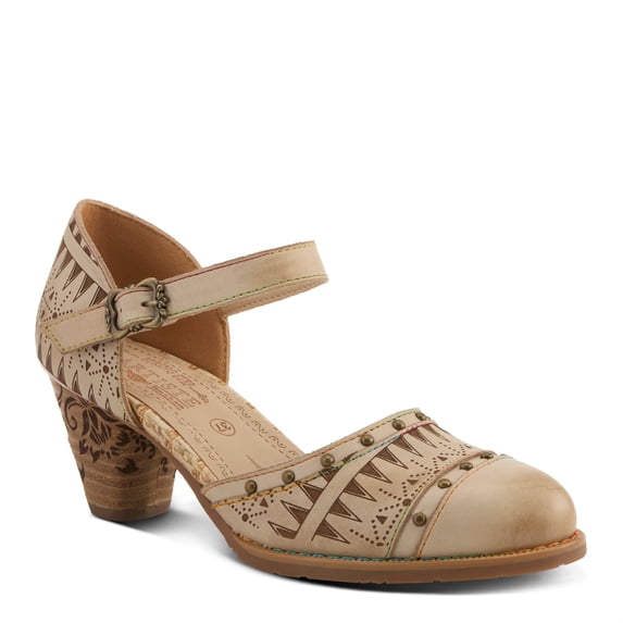 L'Artiste Women's NIOBELLA Hand-Painted Hook-and-Loop Mary Jane – Geometric Design, Decorative Buckle, Faux Stacked Heel