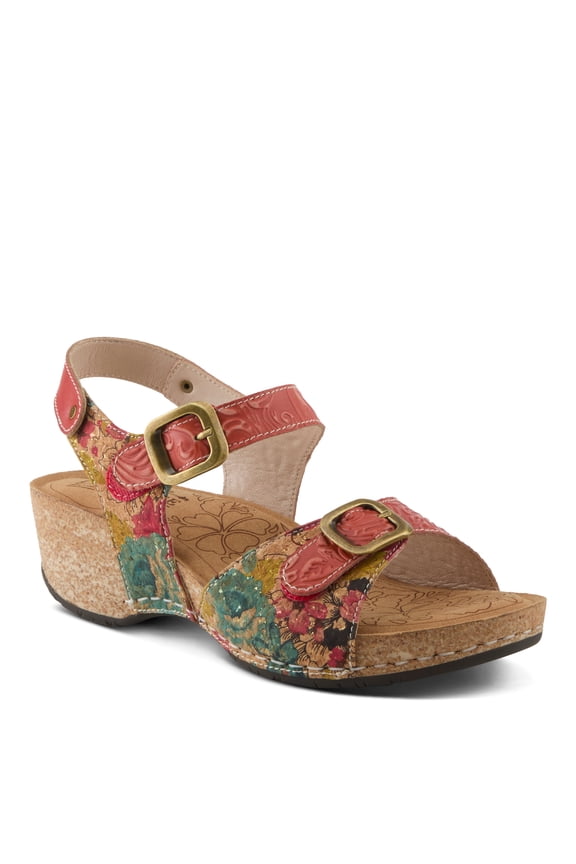 Women's OSUNA Hook-and-Loop Leather Sandals – Floral Cork Design, Adjustable Straps, Cushioned Demi-Wedge Sole