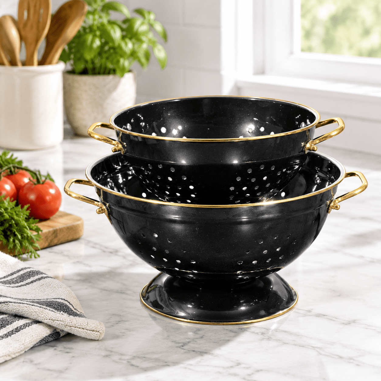 L-BLACK Metal Colander 2 Pack 3.5 Quart Powder Coated Kitchen Strainer ...