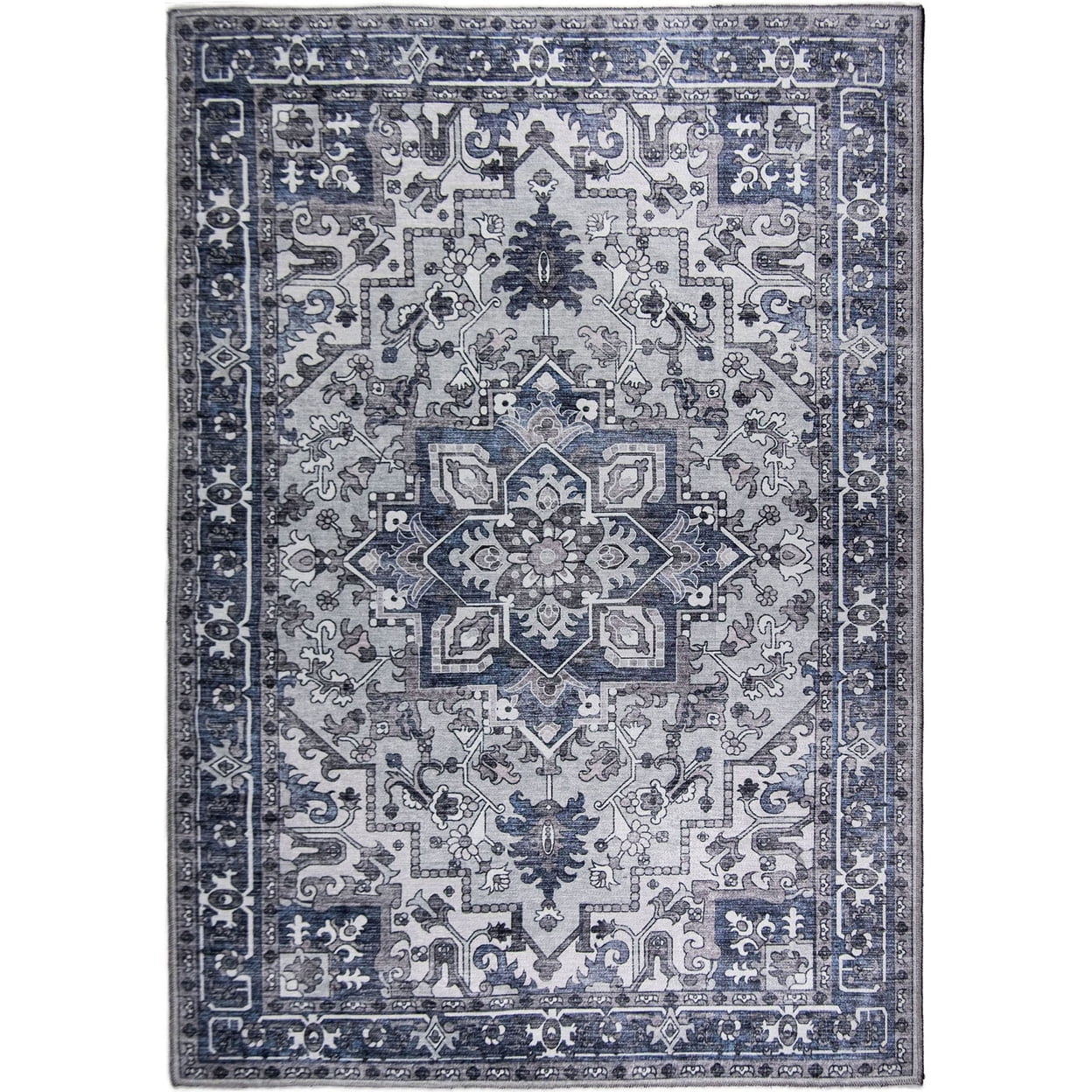 Lyla Blue and Gray Synthetic Traditional Washable 4' x 6' Area Rug