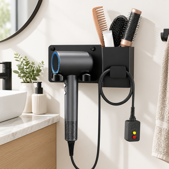L-Black Mg-Al Alloy Wall Mounted Hair Dryer Stand with Tool Organizer