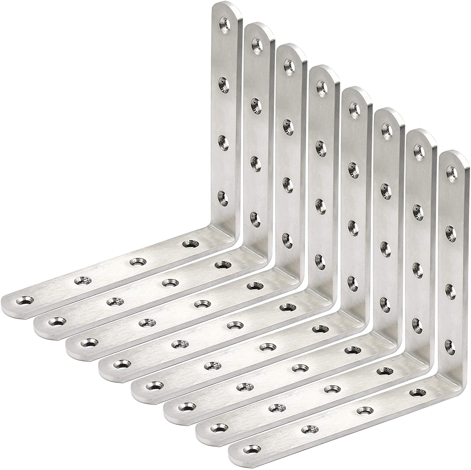 L Brackets Corner Bracket,90 Degree Stainless Steel Corner Brace- 8 Packs 4 mm Thick 6" X 6",Heavy Duty Shelf Brackets Right Angle Bracket for Shelf, Wood, Furniture, Brushed Nickel