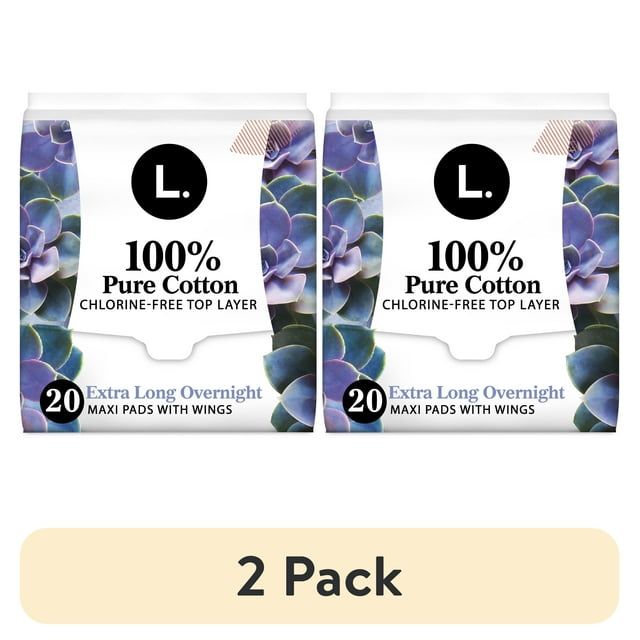(2 pack) L. Chlorine Free Maxi Extra Long Overnight Pads with Wings, 20 Count