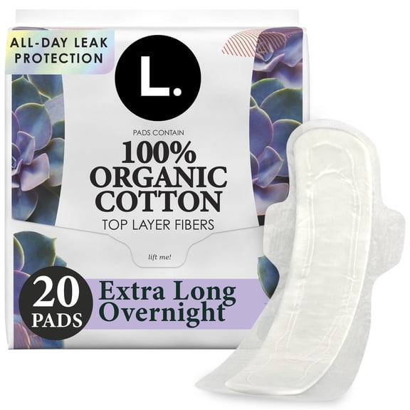 L. Extra Long Maxi Pads, Organic Cotton Top Layer, Overnight, 20 Count