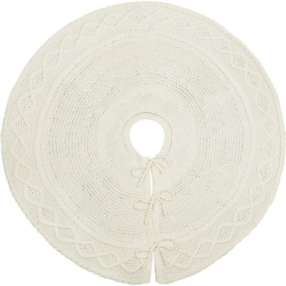 48 Inches Christmas Tree Skirt for Xmas Tree Holiday Party Decoration Fabric White Velvet Tree Skirt with Embroidery Cable Pattern for Tree Merry Christmas Party Decor
