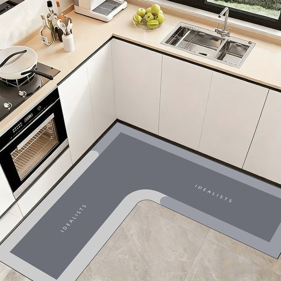 L Corner Kitchen Rug, Wenini Non-Slide Absorbent Floor Mat 47.2x29.5x17.7in, Machine Washable Velvet Fleece Carpet for Cooking Bedroom Bathroom, Gray