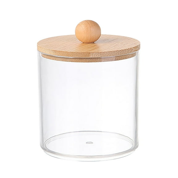L Cotton Swab Dispenser Clear Plastic Jar With Bamboo Lid For Bathroom Organization Storage Canister Large Size 4.72 Inch