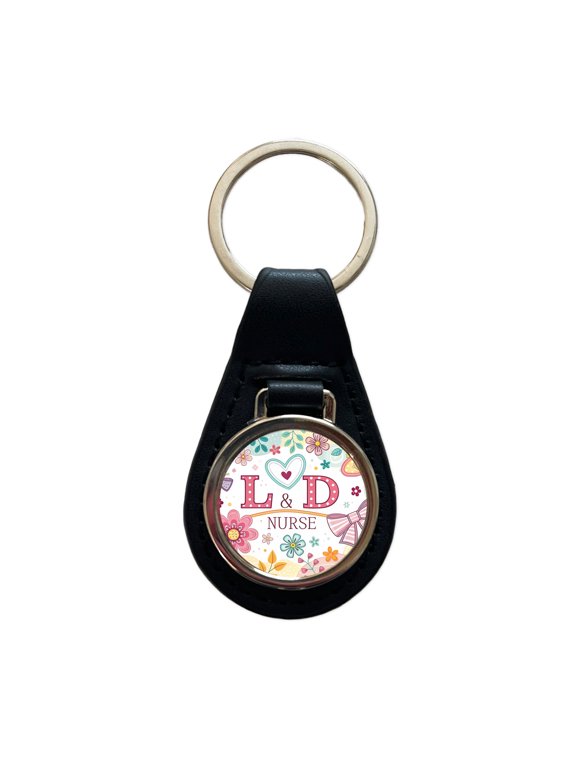 L & D Labor And Delivery Nurse Appreciation Coquette Bows Flowers Metal Black Leather Keychain
