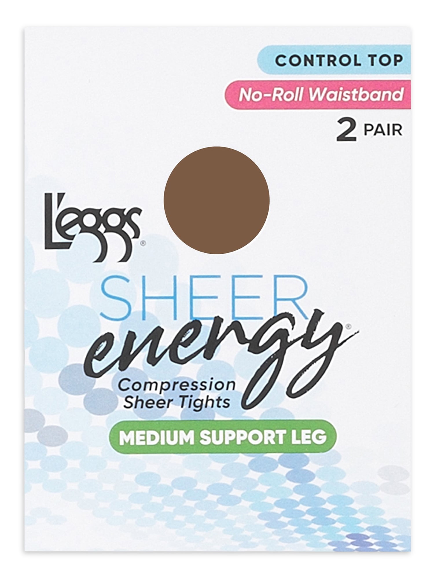 L'eggs Women's Sheer Energy Medium Leg Support Sheer Tights Control Top No-Roll Waistband Sheer Toe, 2 Pair