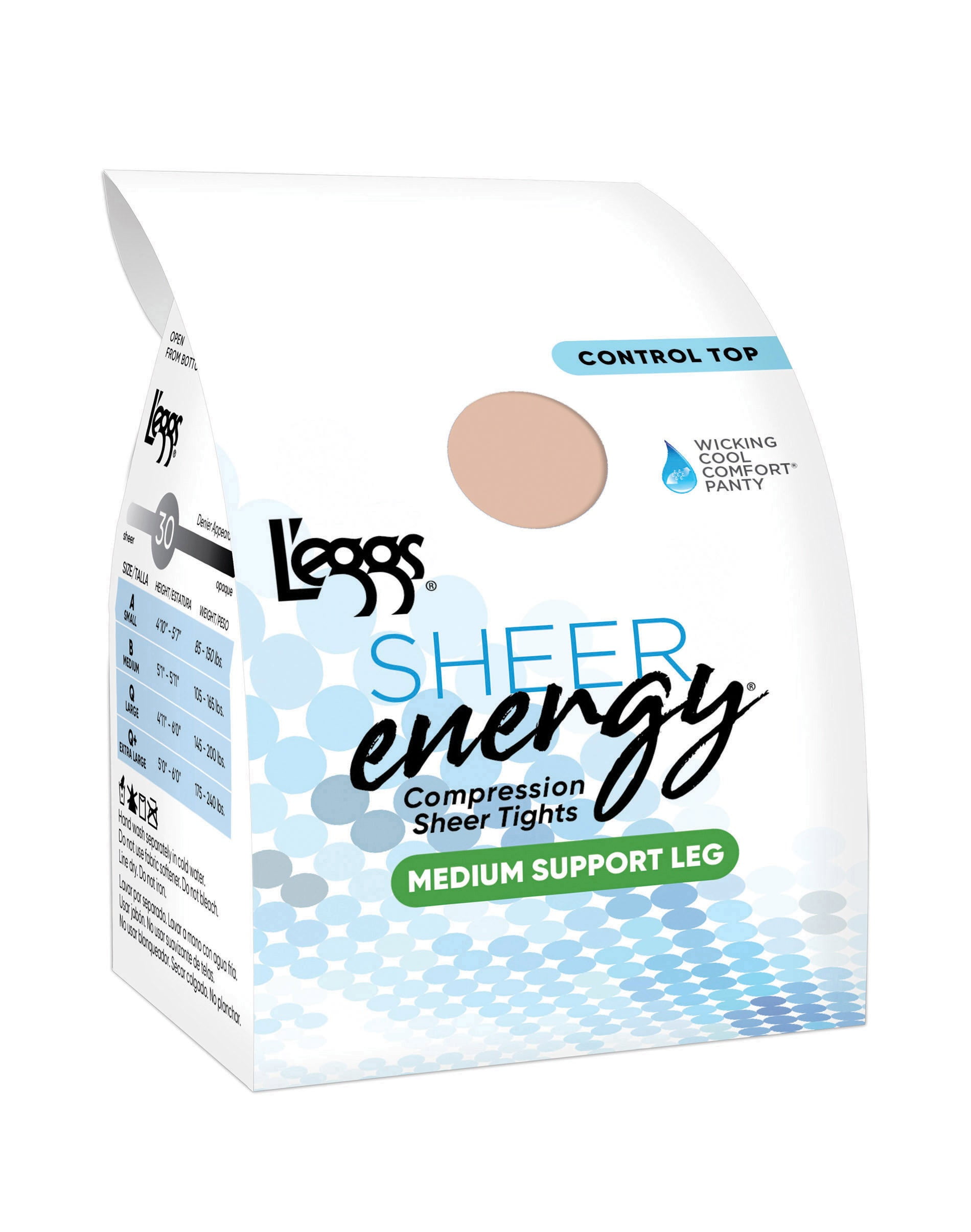 L'Eggs Sheer Energy Medium Support Leg Control Top Wicking Sheer Toe Pantyhose
